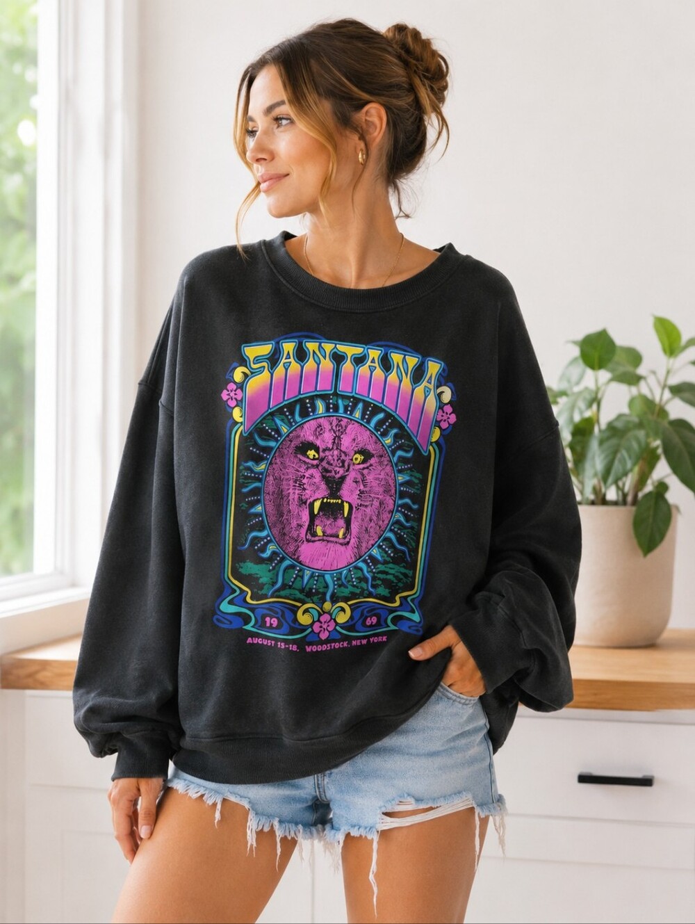 Carlos Santana Black Crewneck with Neon Purple Panther Graphic
